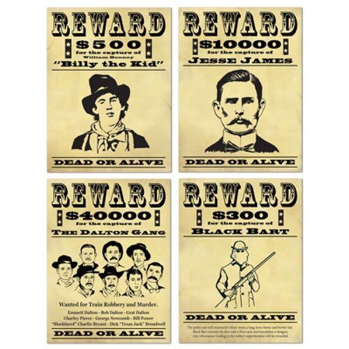 Western Wanted Reward Signs Cutouts 4 Pack