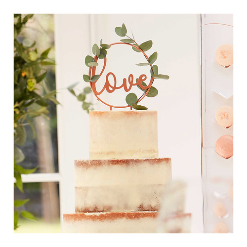 Botanical Wedding Cake Topper Metal Hoop With Wooden Script Writing