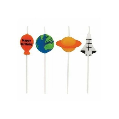  Space Blast Pick Candles Happy Birthday 7.5cm Tall Pack Of 4  