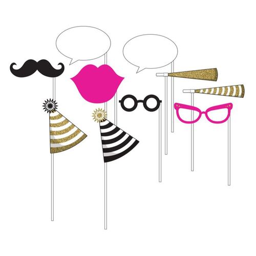 Photo Booth Props Black & Gold Party Assorted Designs 10 Pack