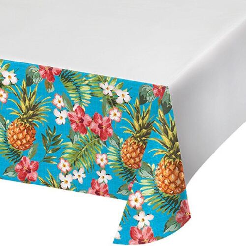 Aloha Tablecover Luau Pineapples & Flowers Plastic Border Print 137cm x 259cm