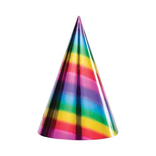 Rainbow Foil Cone Shaped Party Hats  8 Pack