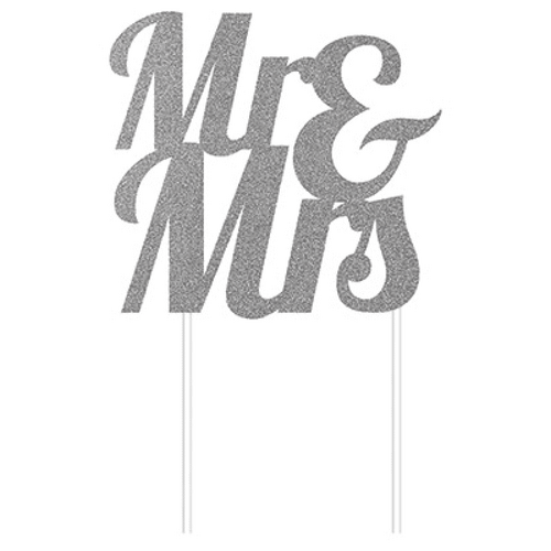 Cake Topper Mr & Mrs Silver Glittered