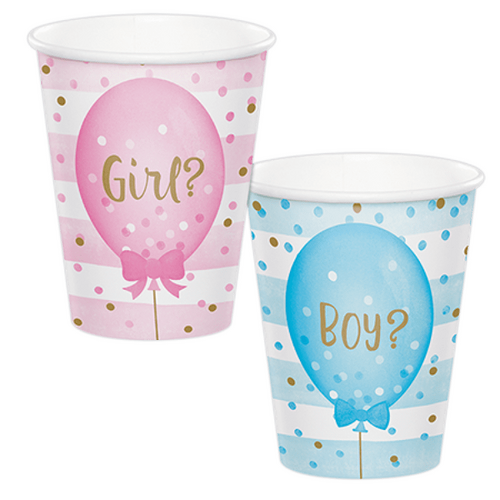 Gender Reveal Balloons Cups Paper 266ml 2-Sided Design 8 Pack
