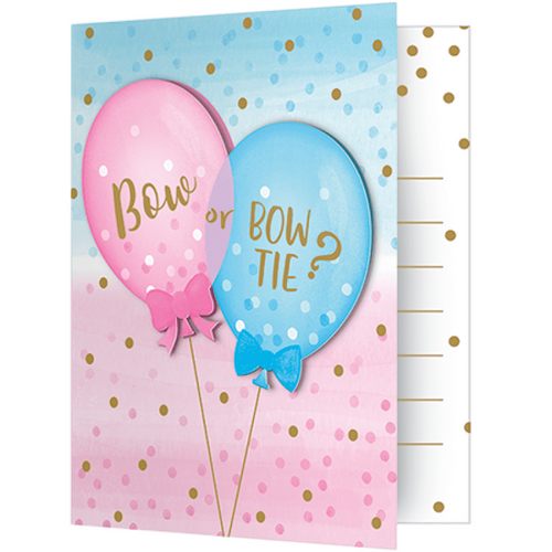 Gender Reveal Balloons Invitations Foldover Style 12cm x 10cm 8 Pack