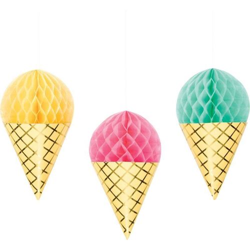 Ice Cream Party Decor Hanging Honeycomb Cones & Foil 16cm x 33cm 3 Pack