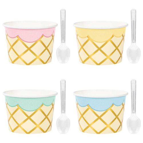 Ice Cream Party Decor Treat Cups Cardboard & Foil & Clear Plastic Spoons 8 Pack