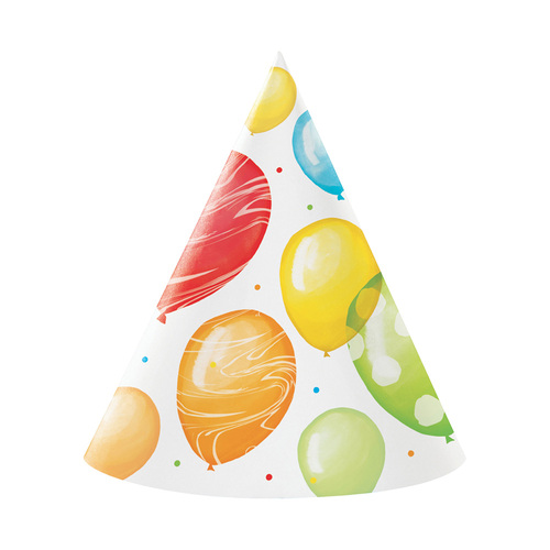 Balloon Bash Birthday Cone Shaped Party Hats 8 Pack