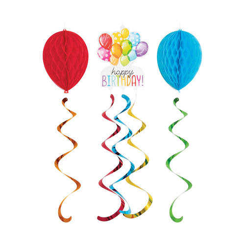 Balloon Bash Birthday Hanging Honeycomb Balloons & Cutout Decorations 3 Pack