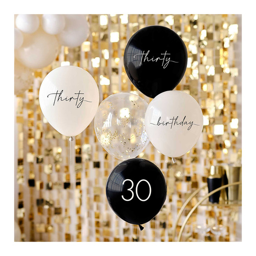 Champagne Noir 30th Birthday Party Balloons 5 Pack