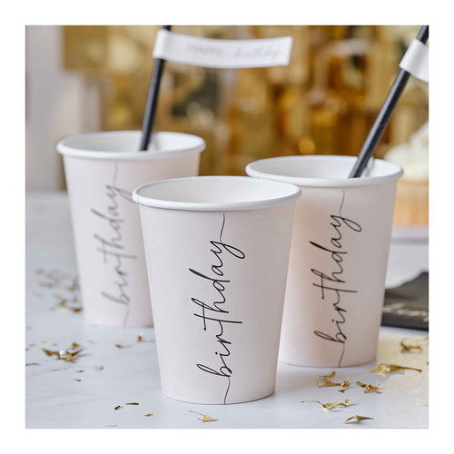 Champagne Noir Nude & Black Happy Birthday Paper Party Cups 8 Pack