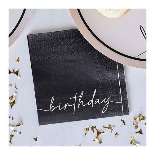 Champagne Noir Nude & Black Happy Birthday Paper Party Napkins 16 Pack
