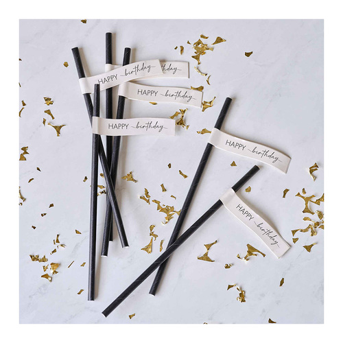 Champagne Noir Nude & Black Happy Birthday Paper Straws 16 Pack