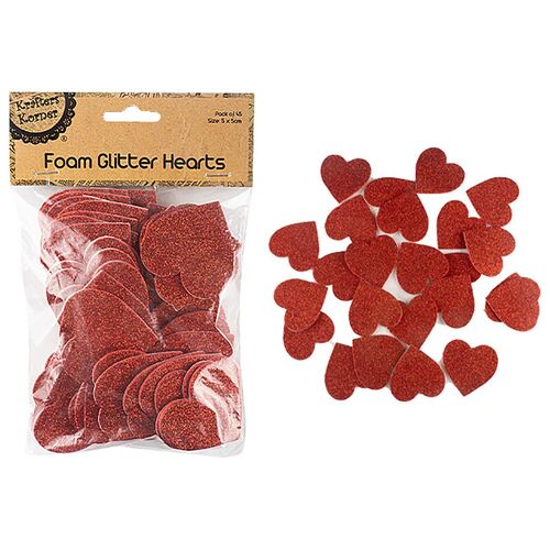 Adhesive Foam Glitter Red Hearts Pk45