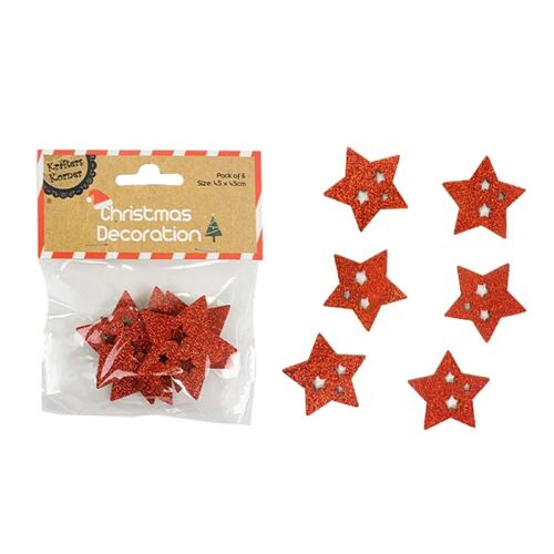 Xmas Wooden Glitter Star 6 Pack