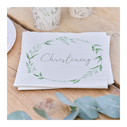  White & Green Christening Paper Napkins 16 Pack