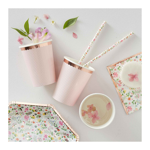 Ditsy Floral Paper Cups Polka Dot Rose Gold 266ml 8 Pack