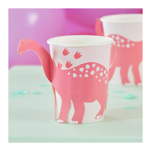 Dino Pink Paper Cups Pop Out Dinosaur 266ml 8 Pack
