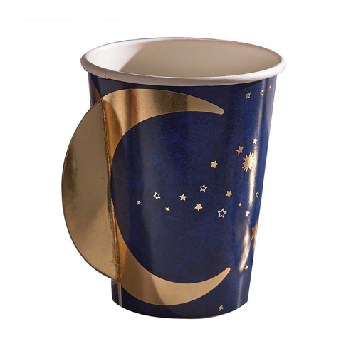 Eid Paper Cups Pop Out Moon Navy & Gold 266ml 8 Pack