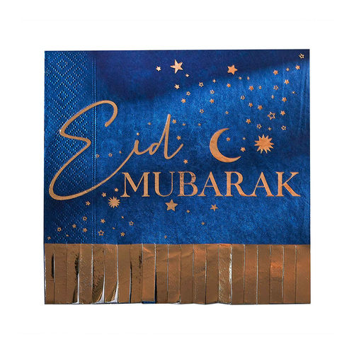 Eid Paper Napkins Mubarak Fringe Napkins Navy & Gold 16 Pack