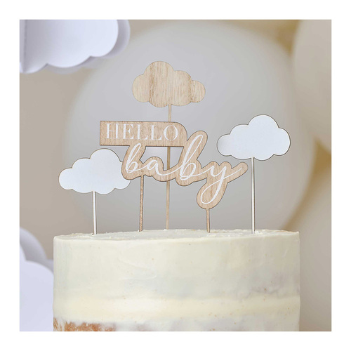 Hello Baby Wooden Hello Baby & Clouds Baby Shower Cake Topper 4 Pack