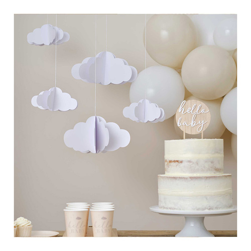 Hello Baby White 3D Hanging Cloud Decorations 5 Pack