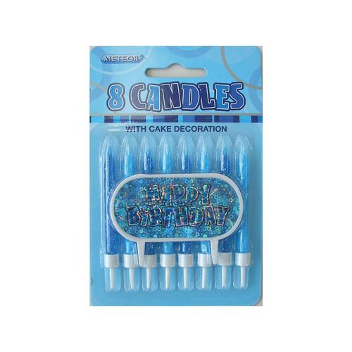 Glitz Candles With Happy Birthday Decoration - Blue 8 Pack