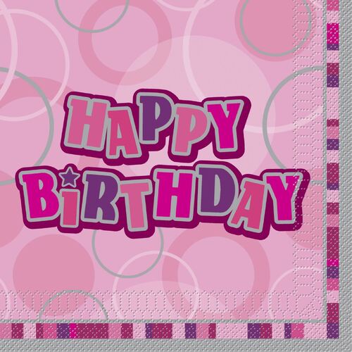 Glitz Pink Happy Birthday 12 Luncheon Napkins 3Ply 33cm x 33cm (13 x 13)