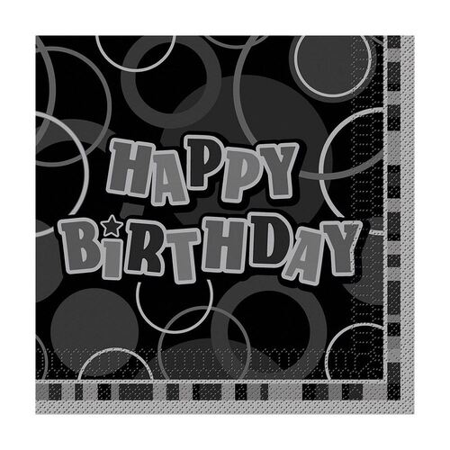 Glitz Black Happy Birthday 12 Luncheon Napkins 3Ply 33cm x 33cm (13 x 13)