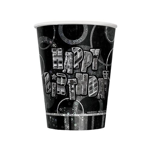 Glitz Black Happy Birthday 6 x 270ml (9Oz) Paper Cups