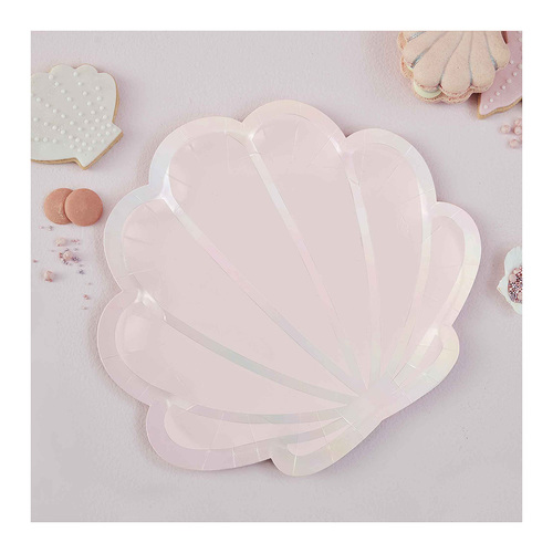 Mermaid Paper Plates Shell Shaped Pink & Iridescent 23cm 8 Pack