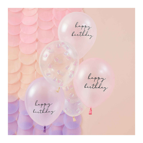 Mermaid Balloon Bundle Shell Confetti & Happy Birthday Printed Chrome Balloons with Tissue Tassel Tails Pink & Lilac 5 Pack