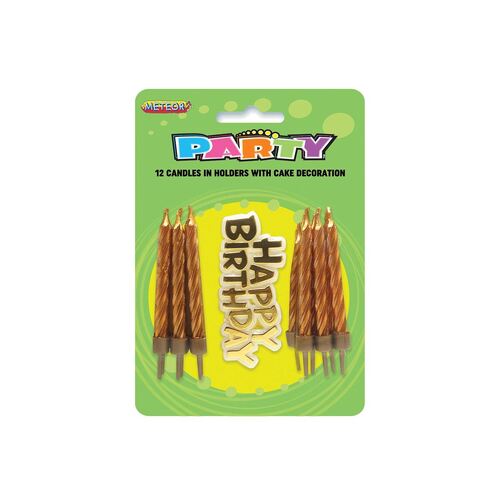 12 Candles In Holders With Cake Decoration - Gold