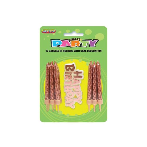 12 Candles In Holders With Cake Decoration - Rose Gold
