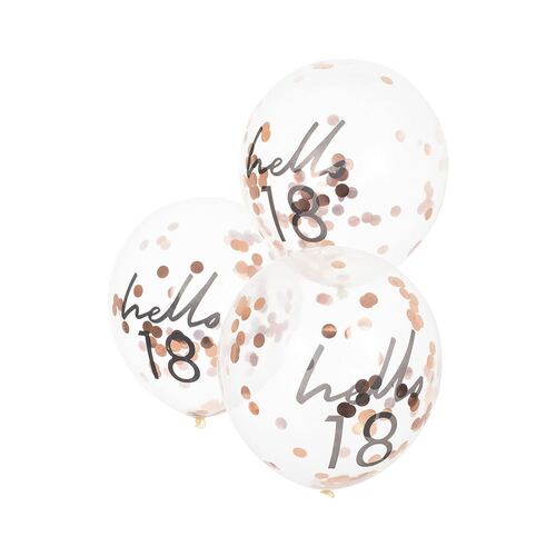 Mix It Up Rose Gold Confetti Filled 'Hello 18' 30cm Balloons 30cm 5 Pack