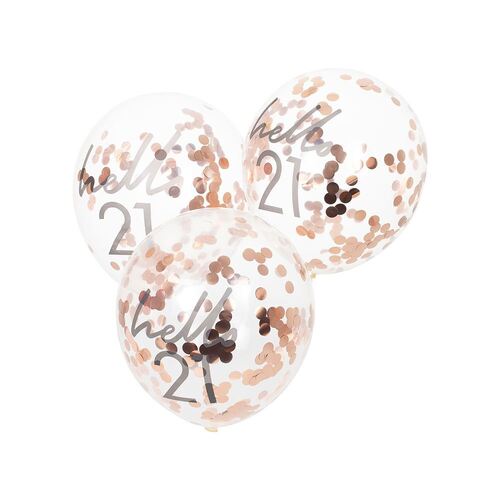 Mix It Up Rose Gold Confetti Filled 'Hello 21' Balloons 30cm 5 Pack