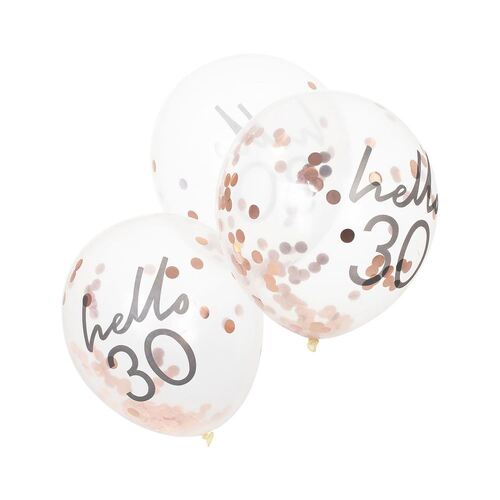 Mix It Up Rose Gold Confetti Filled 'Hello 30' Balloons 30cm 5 Pack
