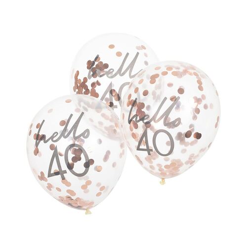 Mix It Up Rose Gold Confetti Filled 'Hello 40' Balloons 30cm 5 Pack
