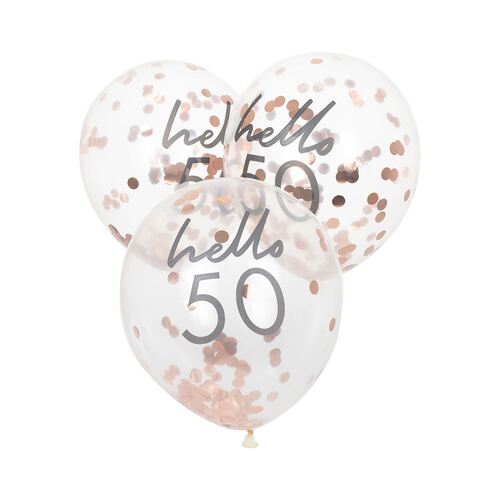 Mix It Up Rose Gold Confetti Filled 'Hello 50' Balloons 30cm 5 Pack
