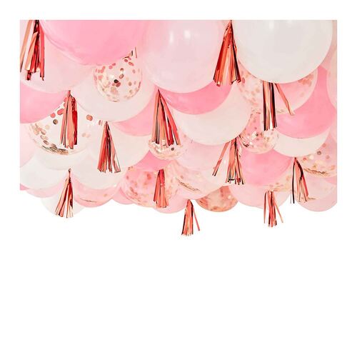 Mix It Up Blush White And Rose Gold Balloon Ceiling With Tassels