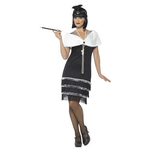 Black Flapper Costume with Dress & Fur Stole