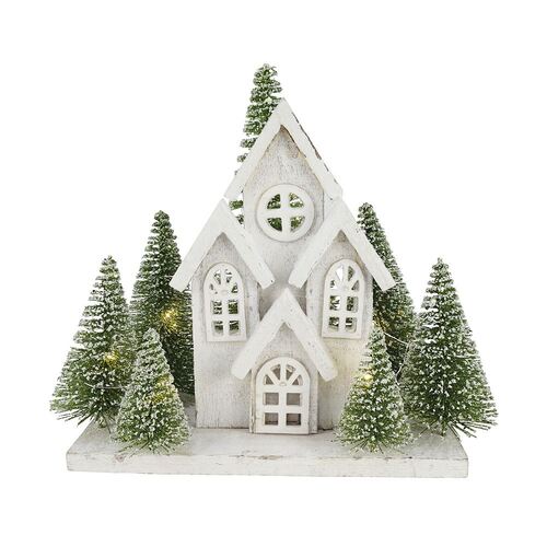 Light Up Wood House with Snowy Trees