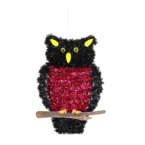 Hanging Tinsel Owl Decoration  32cm Red & Black - Halloween Party Prop