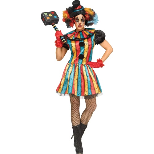 Womens Evil Carnival Clown Costume  Colourful Creepy Dress with Headband