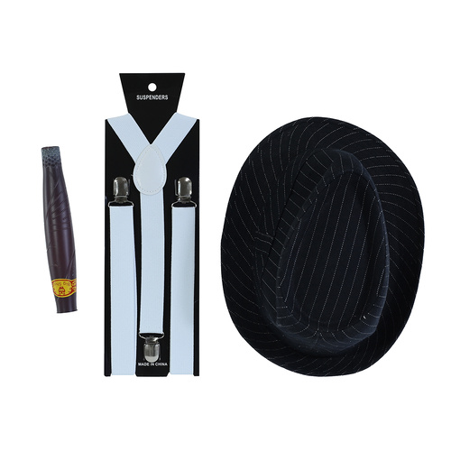 1920s Gangster Suspenders Accessories Set  Hat, White Suspenders & Cigar