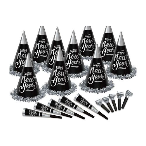 New Year's Party Box Kit Black & Silver for 100 People