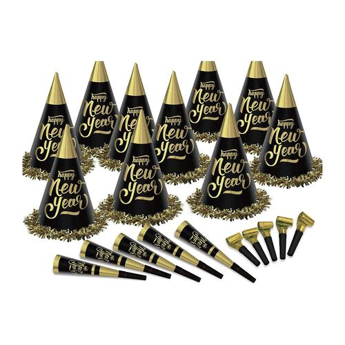 New Year's Party Box Kit Black & Gold for 100 People