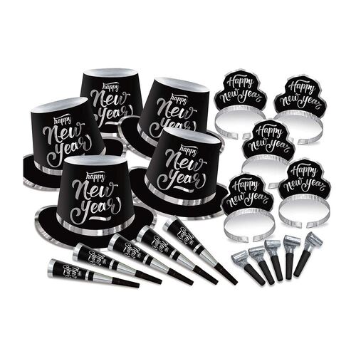 New Year's Party Box Kit Black & Silver for 20 People