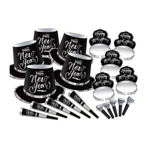 New Year's Party Box Kit Black & Silver for 50 People