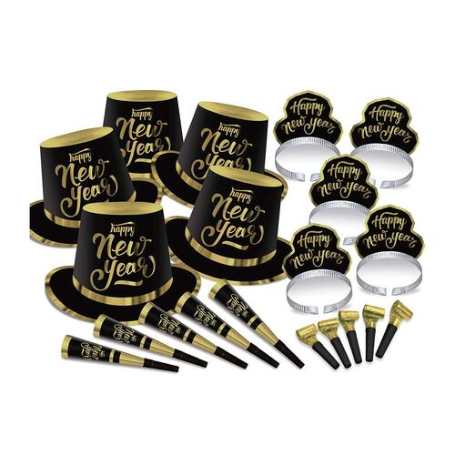 New Year's Party Box Kit Black & Gold for 50 People